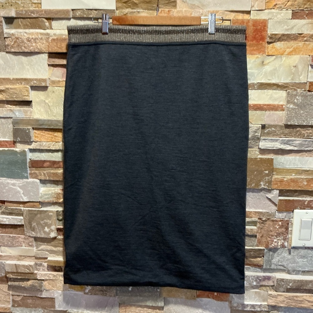 Brunello Cucinelli Charcoal Midi Skirt with Tan Waistband